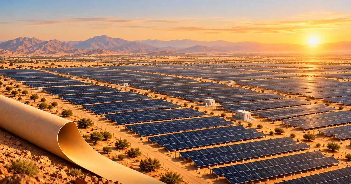 Illustration of solar panels in a desert landscape at sunset; not a photograph of the Pugal project.