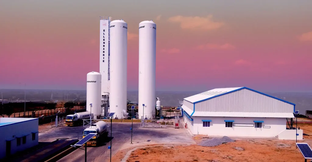 Ellenbarrie industrial-gas facility with storage towers and tankers; company file photograph.