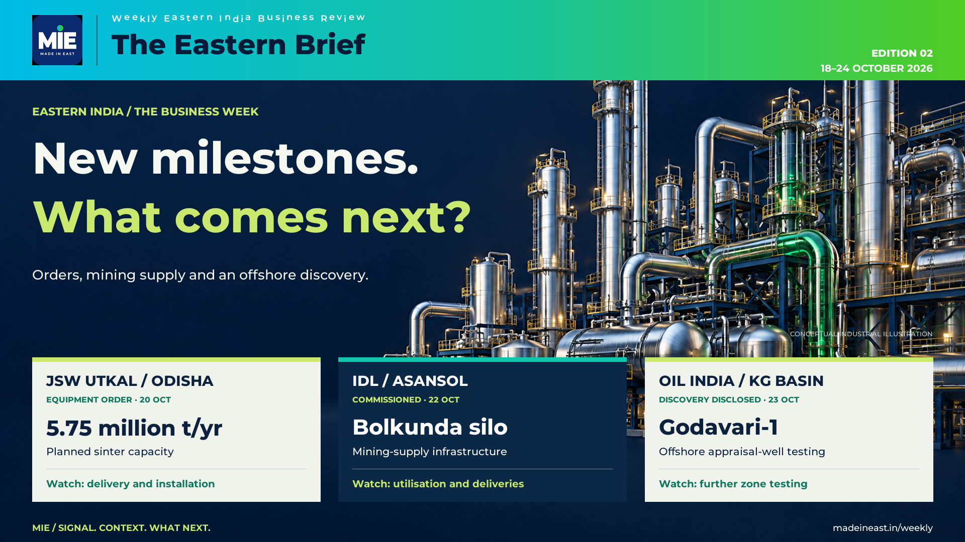 The Eastern Brief Edition 02, 18–24 October 2026: JSW sinter-plant order, IDL Bolkunda commissioning and Oil India discovery; conceptual industrial illustration.