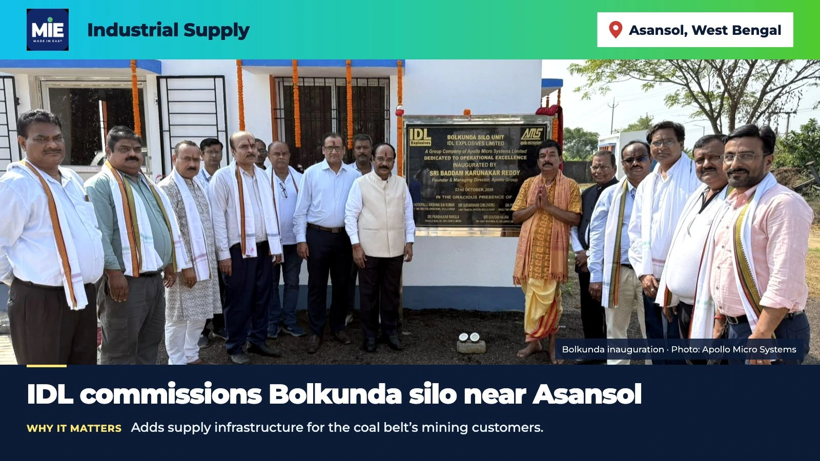 IDL Explosives Bolkunda silo inauguration near Asansol on 22 October 2026, photographed by Apollo Micro Systems, in an MIE news layout.