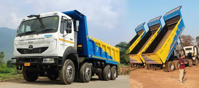 Paradeep Parivahan company file photograph showing a tipper truck and raised tipper bodies; not the electric-truck fleet covered by the new JSW contract.